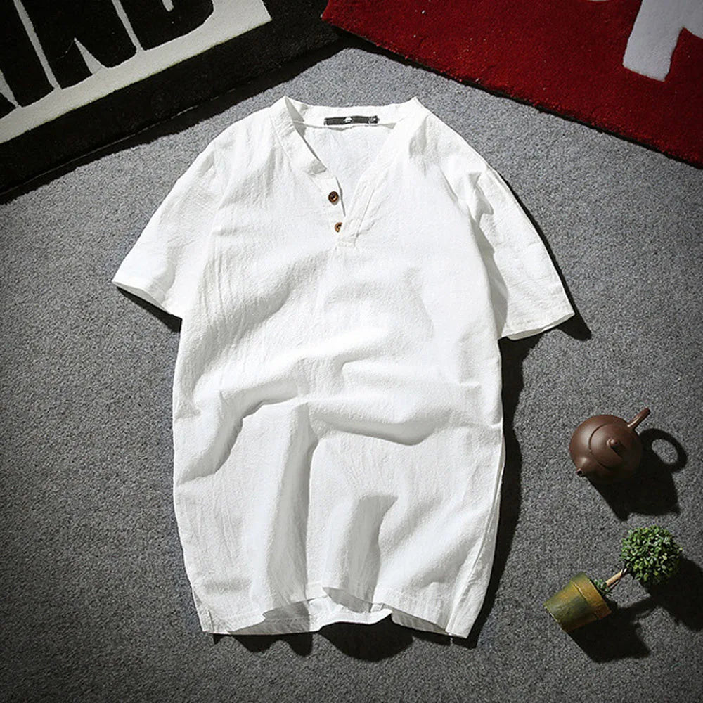 Men's Casual V Neck Short Sleeve Linen T-shirt