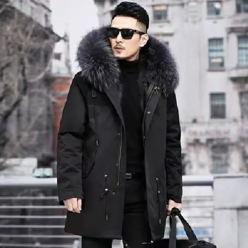 Winter Men Long Hooded Jacket High Quality Raccoon Fur Collar