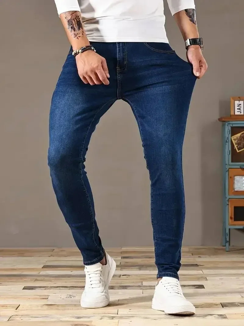 Mens Slim Fit Classic Skinny Jeans Denim Blue Casual Style