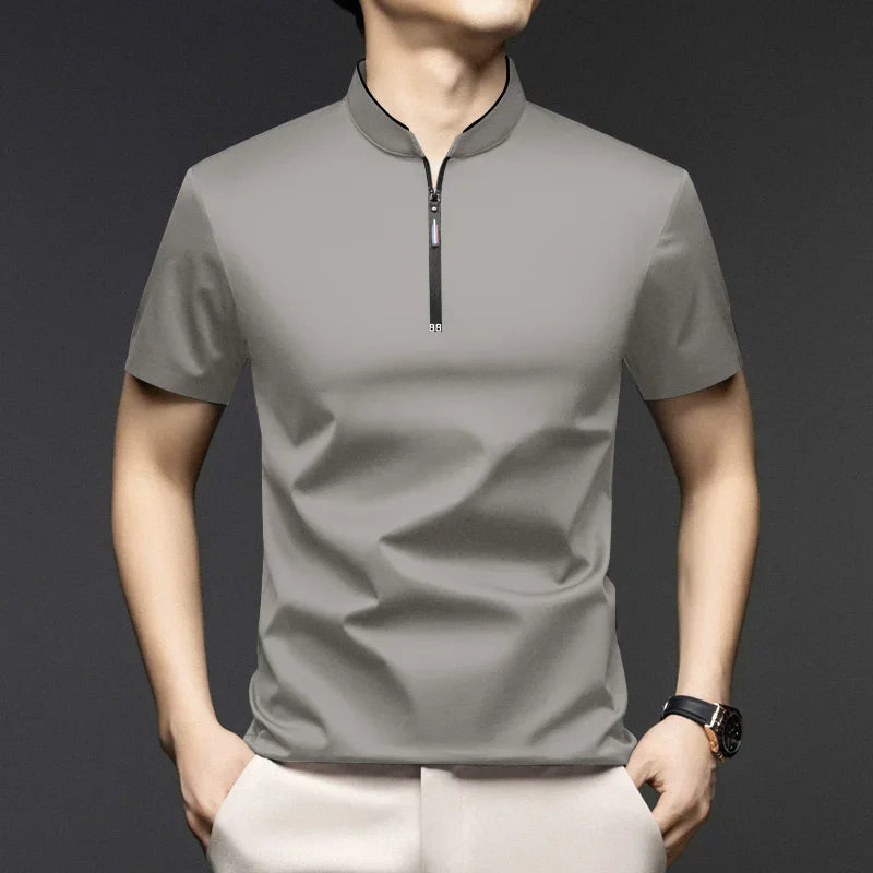 Men's Casual Zipper Polo Shirt in Solid Color