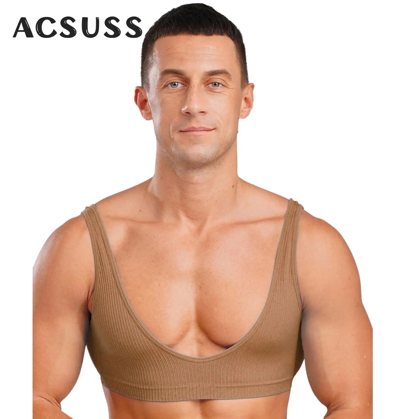 Mens Stretchy Muscle Tanks Top Deep V Neck Clubwear Sleeveless Ribbed Cropped Tops Male Gym Bodybuilding Fitness Sports Bra Vest