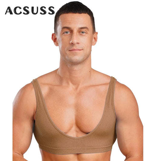 Mens Stretchy Muscle Tanks Top Deep V Neck Clubwear Sleeveless Ribbed Cropped Tops Male Gym Bodybuilding Fitness Sports Bra Vest