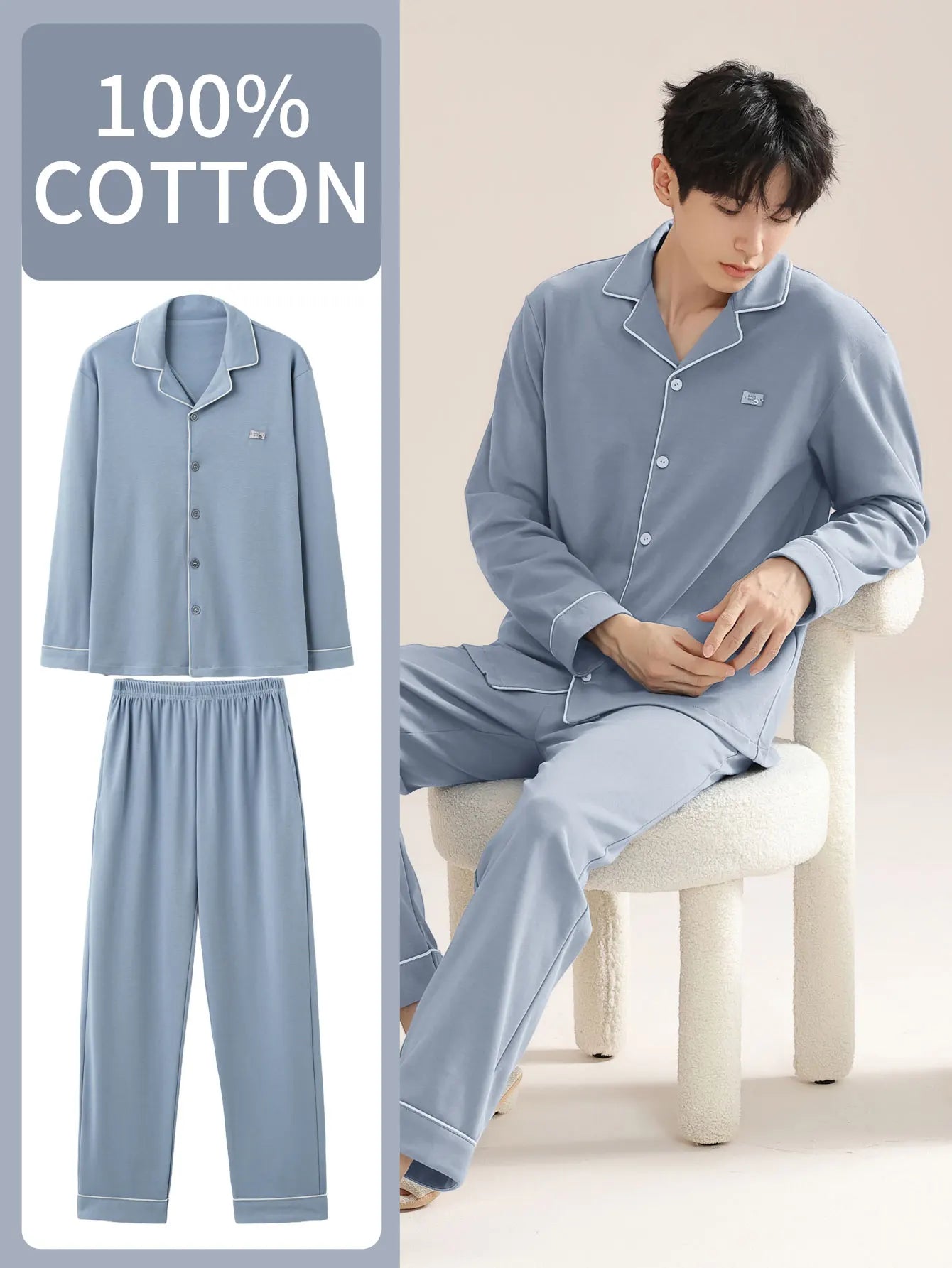 Men's 100% cotton long sleeved four season plus size men's sleepwear, teenage pure cotton home suit set for warmth