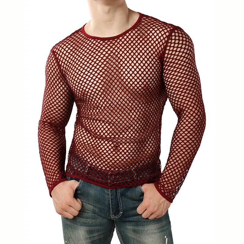 Mens Transparent Sexy Mesh T Shirt  New See Through  Fishnet Long Sleeve Muscle Undershirts Nightclub Party Perform Top Tees