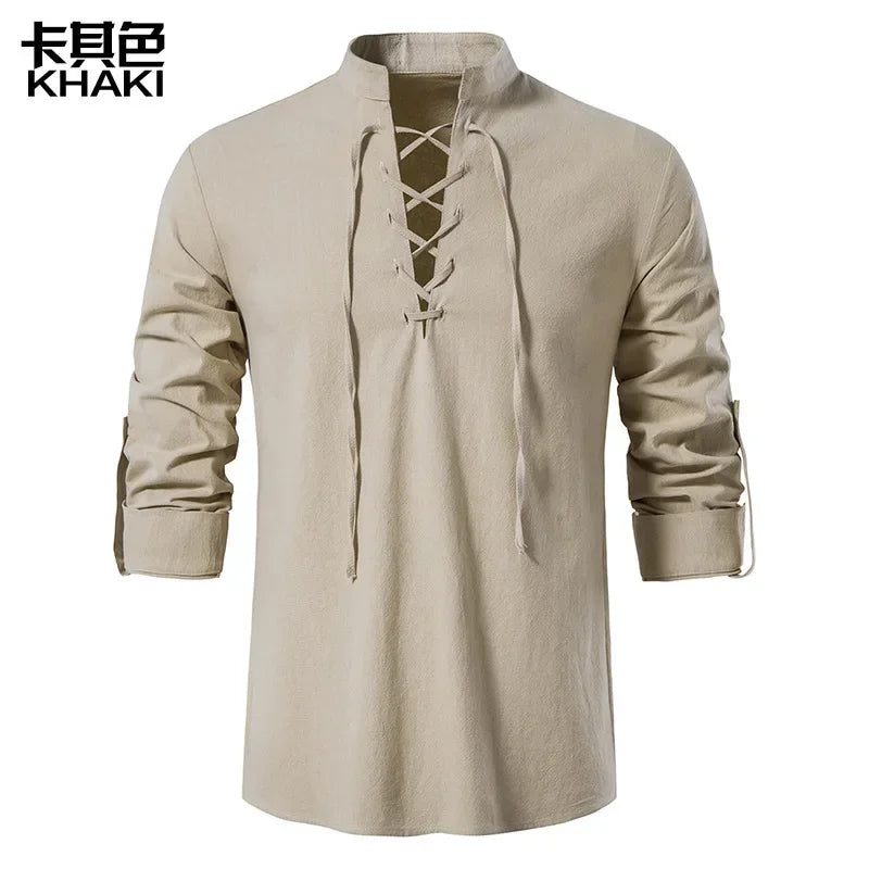 NONE 2026 + Men's Casual Blouse Cotton Linen Shirt Top