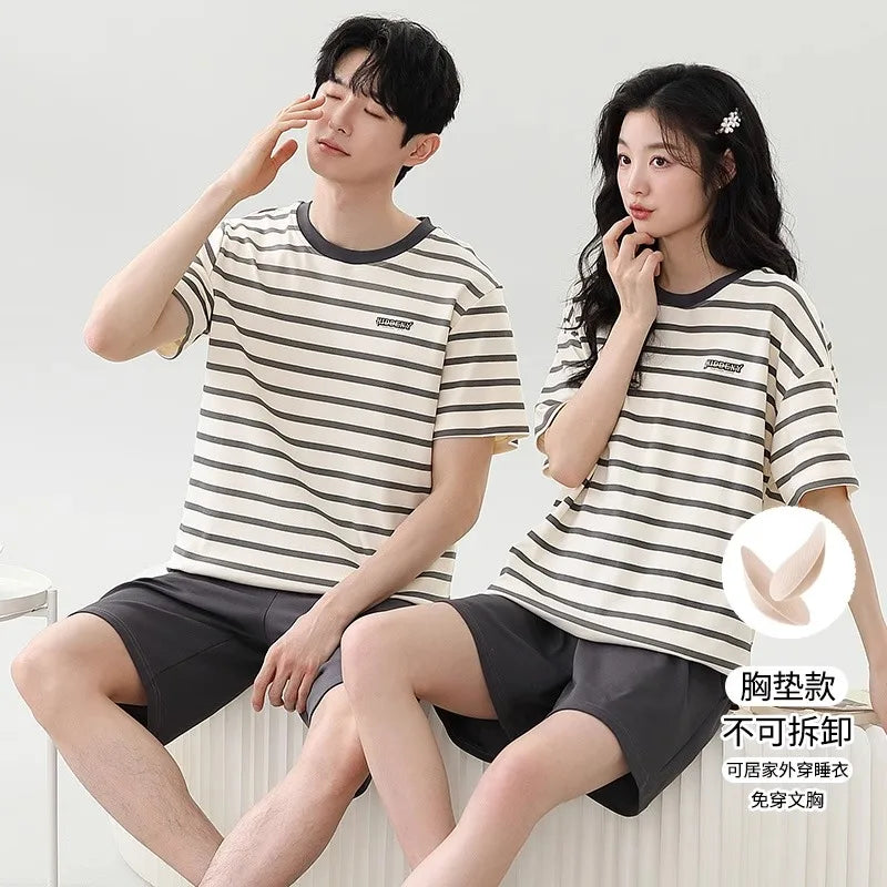 Couples Home Suit Women's Sleepwear Suit Man's Pajamas Set Cotton Short Sleeves Sleep Tops Shorts Pyjamas Nightwear Mujer Homme