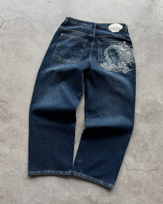 Slim Straight Denim Jeans with Embroidery for Women