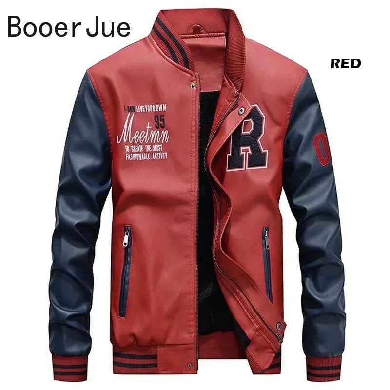 Bomber Jacket Men Leather Fleece Casual Zipper Coat