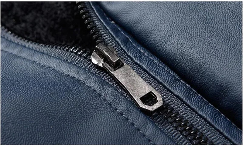 Bomber Jacket Men Leather Fleece Casual Zipper Coat