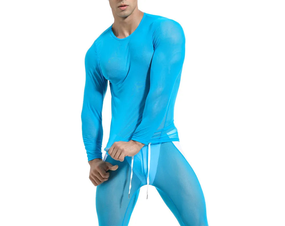 2026 Men's Sexy Mesh T-shirts High Elastic Transparent Long Sleeve Tops Men Sport Fitness Compression Tees See Through Gym Wear