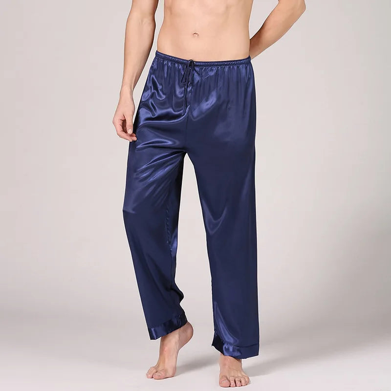 Summer New Men Sleep Bottoms Trousers Fashion Satin Sleepwear Male Ice Silk Pajamas Long Pants Solid Color Comfortable Homewear