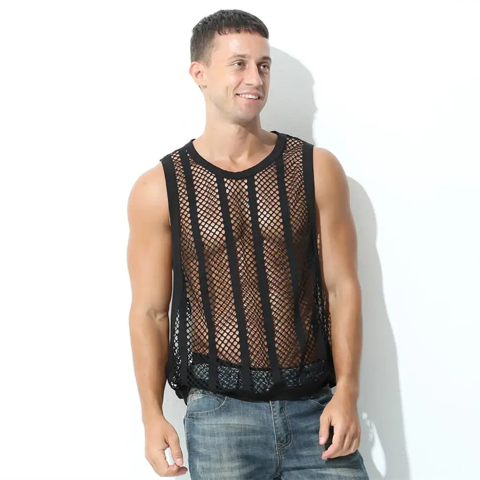 Mens Undershirts Vest Mesh See Through Sleeveless T Shirt Sexy Singlets Fitness Transparent Men Tank Tops Gym Vest