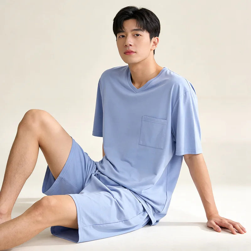  Men's 2026 Cotton Sleepwear Summer Loose Home Clothes New Short Sleeved Shorts Set man pajamas homewear