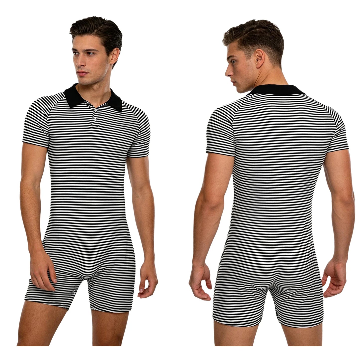 Men Cozy Striped Pajamas Bodysuit Turn-down Collar Buttoned Crotch Jumpsuits Short Sleeve Homewear Loungewear for Leisure Time