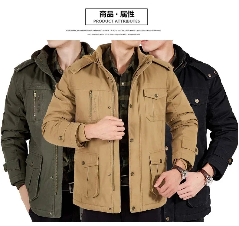 Plus Size Fleece Military Bomber Jacket Men Multi-pocket Pilot Jacket