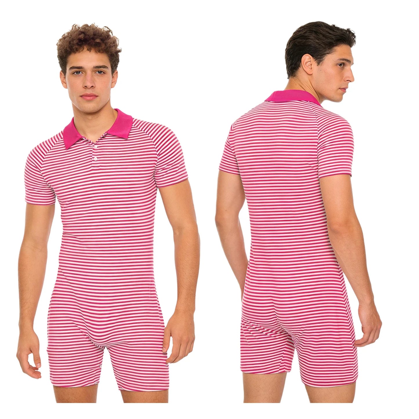 Men Cozy Striped Pajamas Bodysuit Turn-down Collar Buttoned Crotch Jumpsuits Short Sleeve Homewear Loungewear for Leisure Time