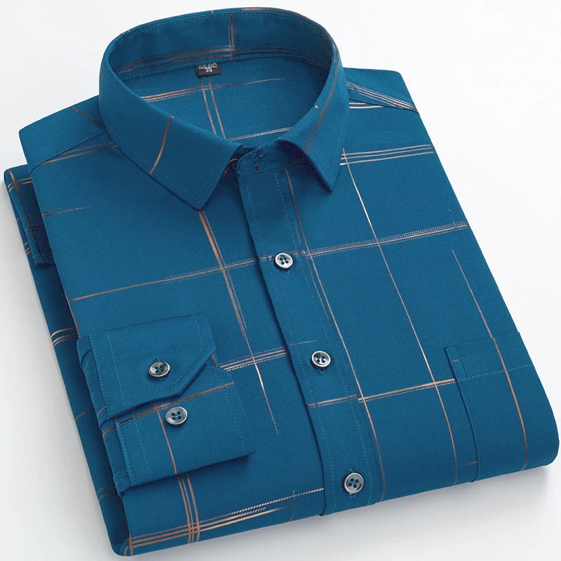 Men's Non-iron Plaid Dress Shirt for Spring and Autumn