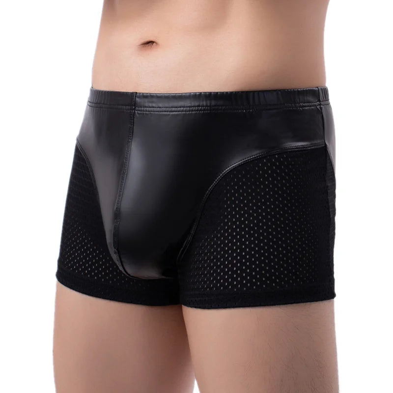 Men's Black Faux Leather Boxer Shorts with U Convex Pouch