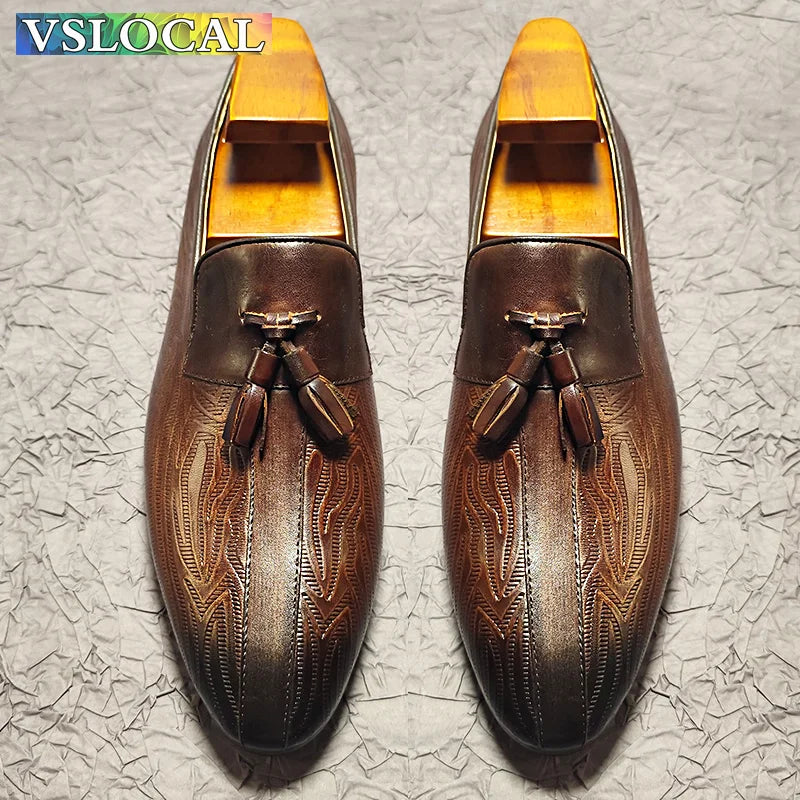 2025 Men's Loafers Shoes Black Brown Tassel Print Casual Mens Dress Shoes Office Wedding Genuine Leather Loafers For Men