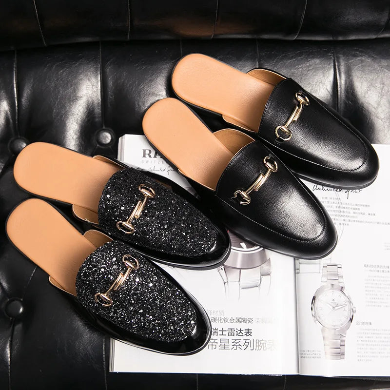 Men's Leather Mules Slippers with Metal Decoration