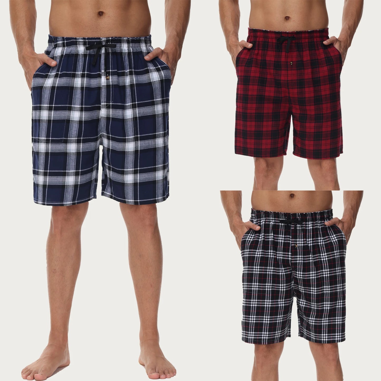 100% Cotton 3Pcs Mens Underwear Boxers Shorts Male Breathable Loose Pajama Sleep Bottoms Shorts Plaid Comfortable Homewear