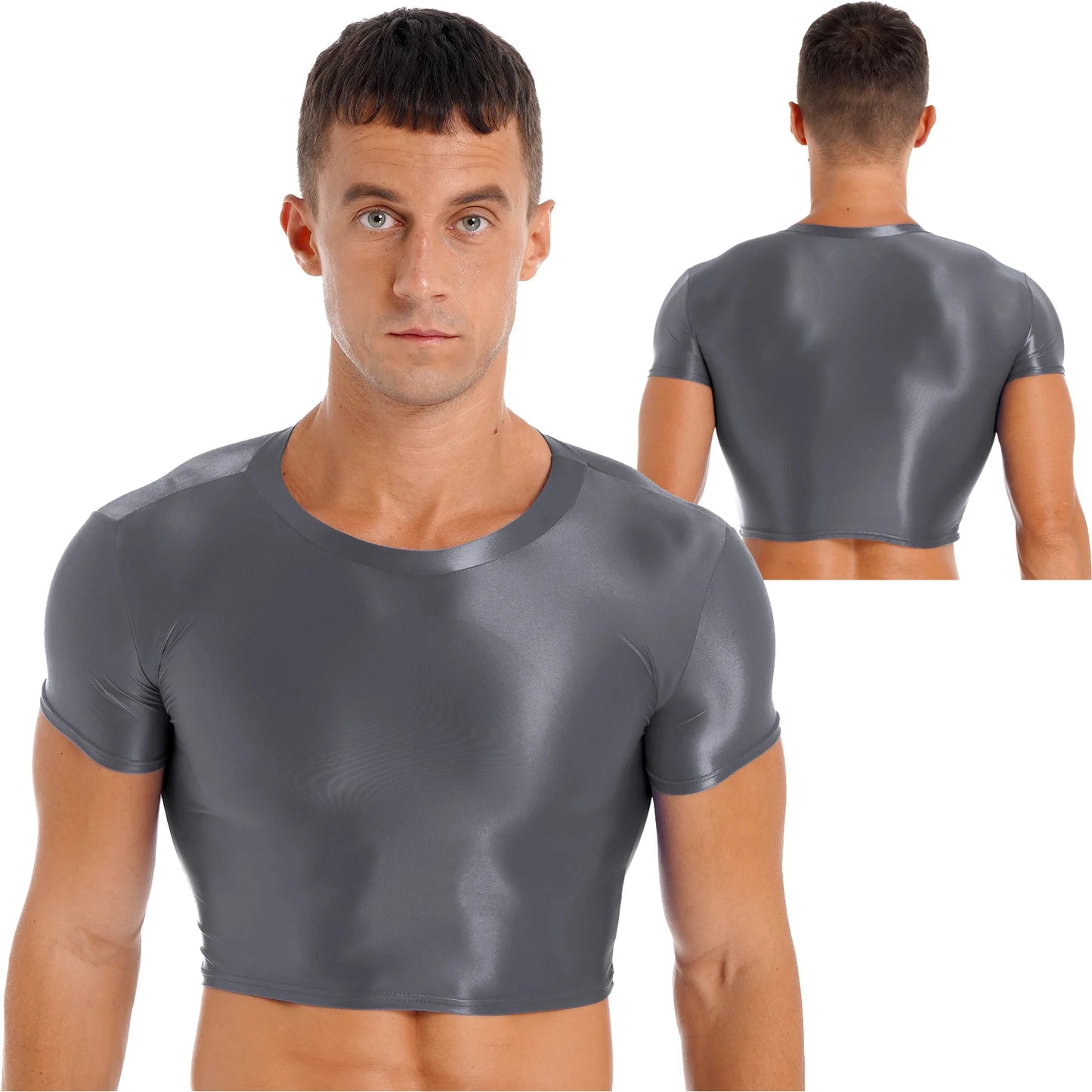 Mens Glossy Crop Top Short Sleeve Oil Shiny Slim Fit Sports Fitness T-shirt Tee Workout Cheer Booty Dance Tops Swimwear Clubwear