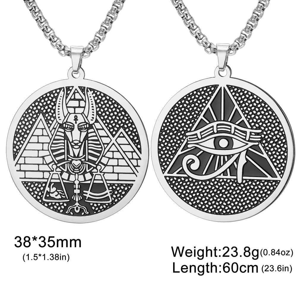 Egyptian God Anubis Double Sides Necklace Pharaoh Pyramid Eye of Horus Protection Amulet Stainless Steel Ancient Egypt Jewelry