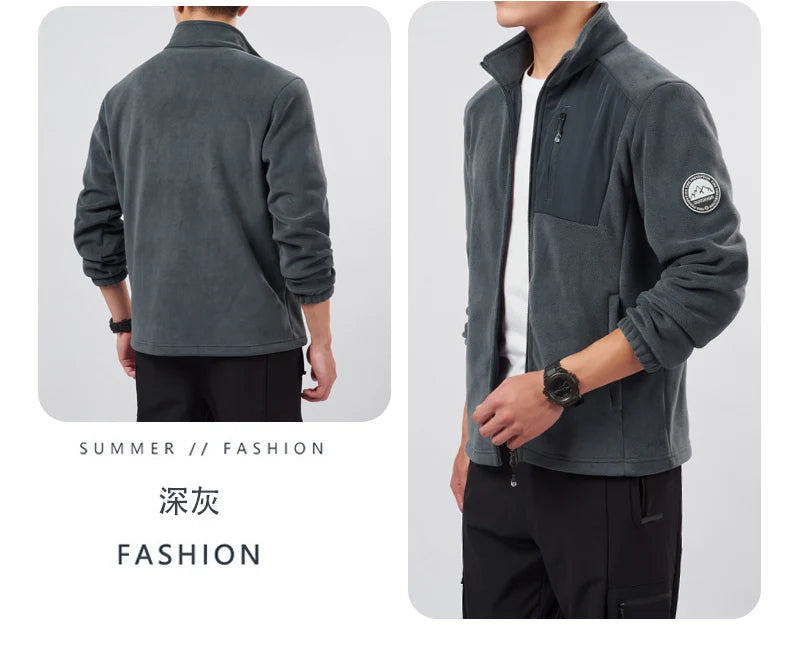 Unisex Outdoor Fleece Jacket Men  Warm Slim-Fit  Zip-Up Front Solid Color Jacket