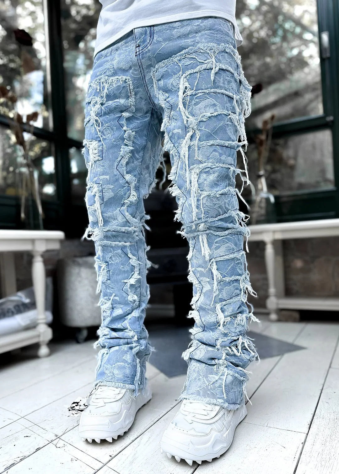 Men's Denim Straight Jeans with Tassels and Pockets