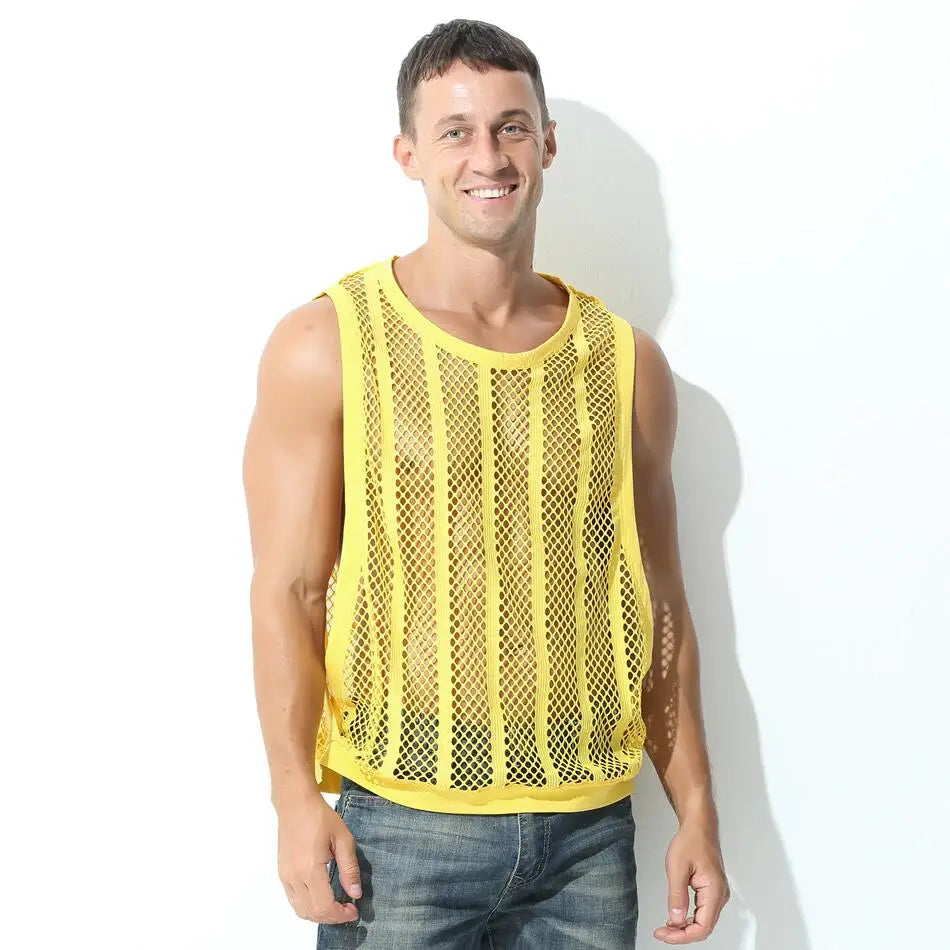 Mens Undershirts Vest Mesh See Through Sleeveless T Shirt Sexy Singlets Fitness Transparent Men Tank Tops Gym Vest