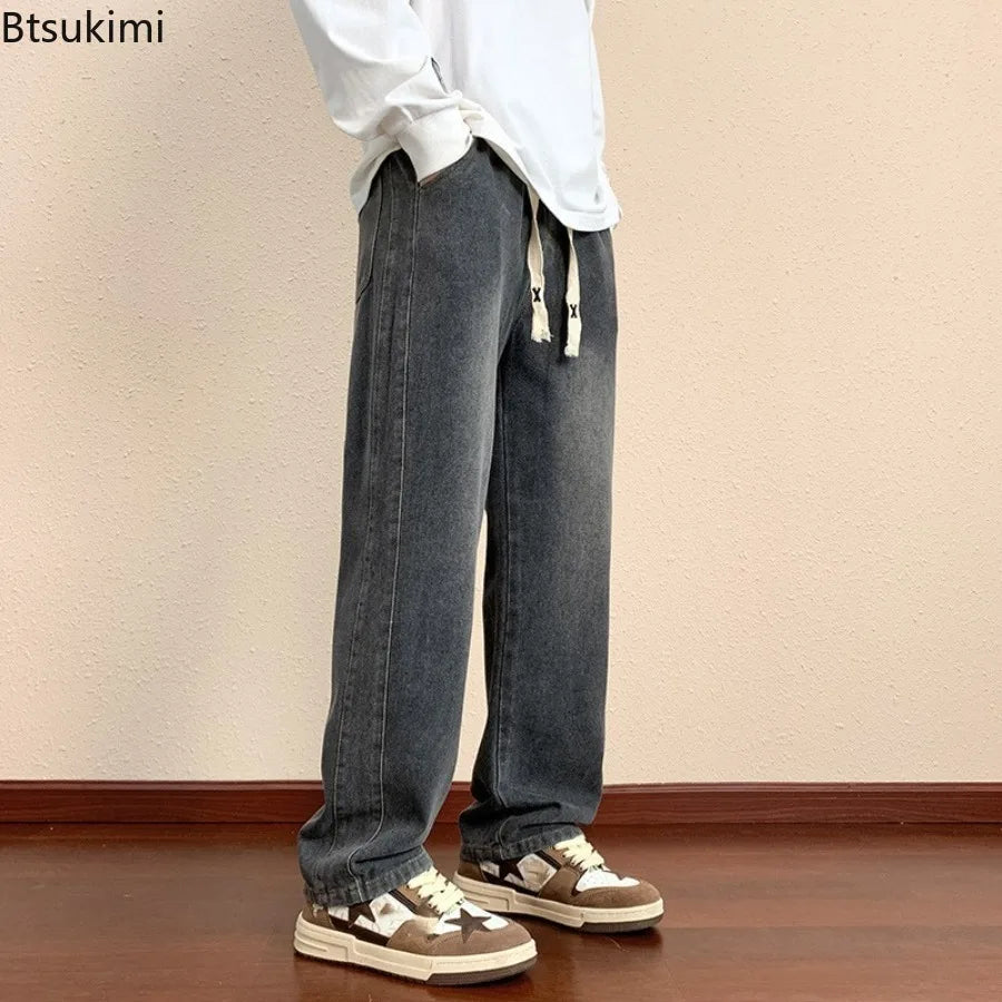 Men's Loose Fit Straight Leg Jeans in Blue Black Grey