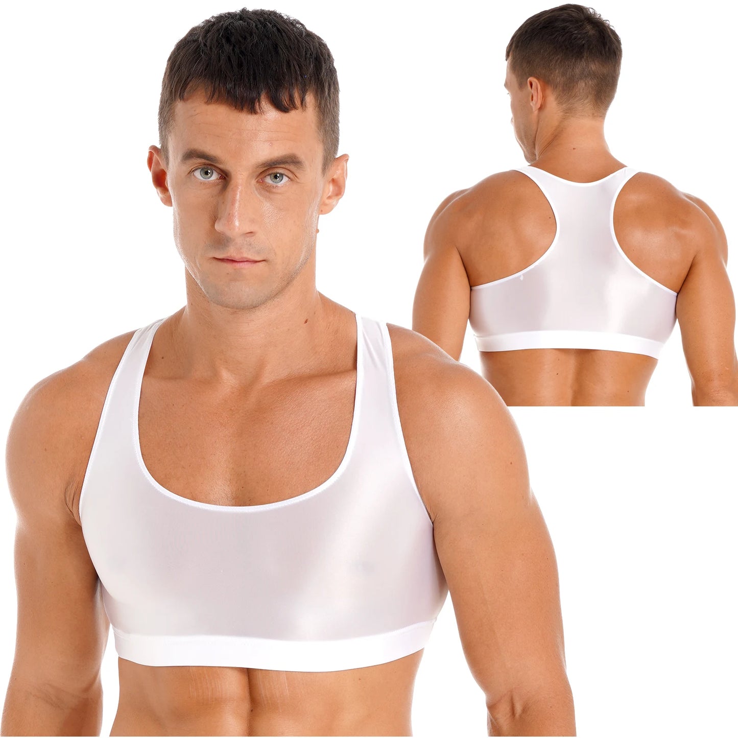 Mens Glossy Crop Top Short Sleeve Oil Shiny Slim Fit Sports Fitness T-shirt Tee Workout Cheer Booty Dance Tops Swimwear Clubwear