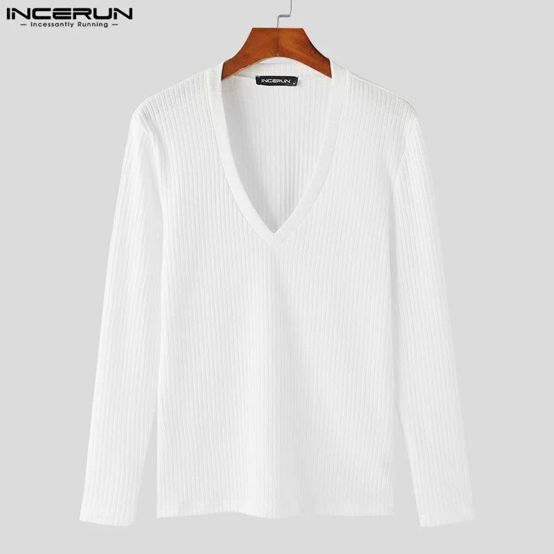 Handsome Well Fitting Tops INCERUN 2024 Men's Solid V-neck Knitted T-shirts Summer Casual Streetwear Long Sleeved Camiseta S-5XL