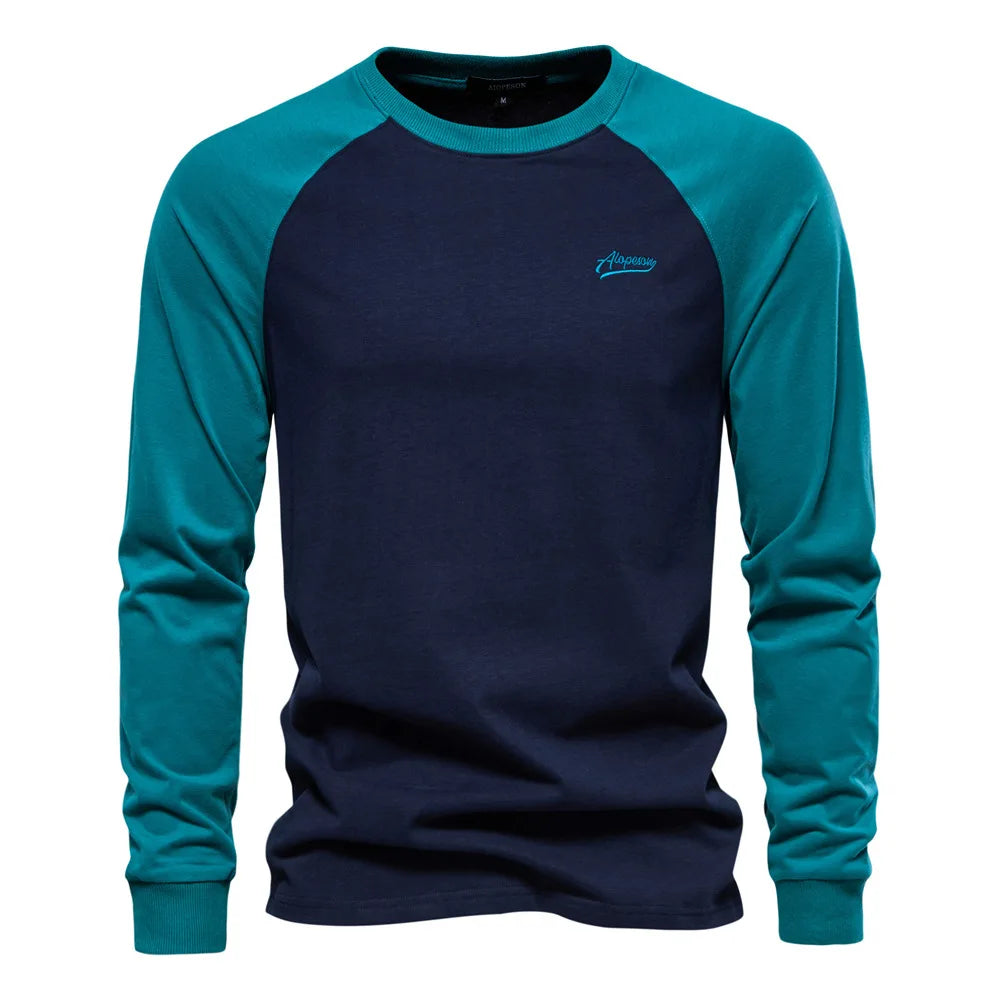 Men's Bottom T-shirt Trendy Contrast Color Tops 100% Cotton Long Sleeve Tees Spring Autumn Casual Streetwear O-neck Slim T-shirt