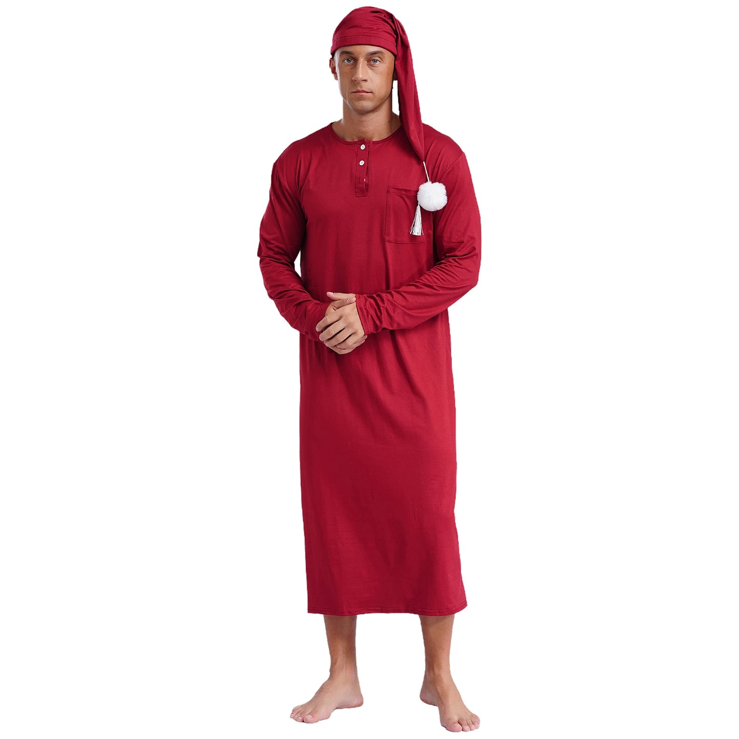 Mens Solid Color Long Sleeve Sleep Robe with Night Cap Round Neck Big & Tall Nightshirts Home Loungewear Pajamas Sleepwear