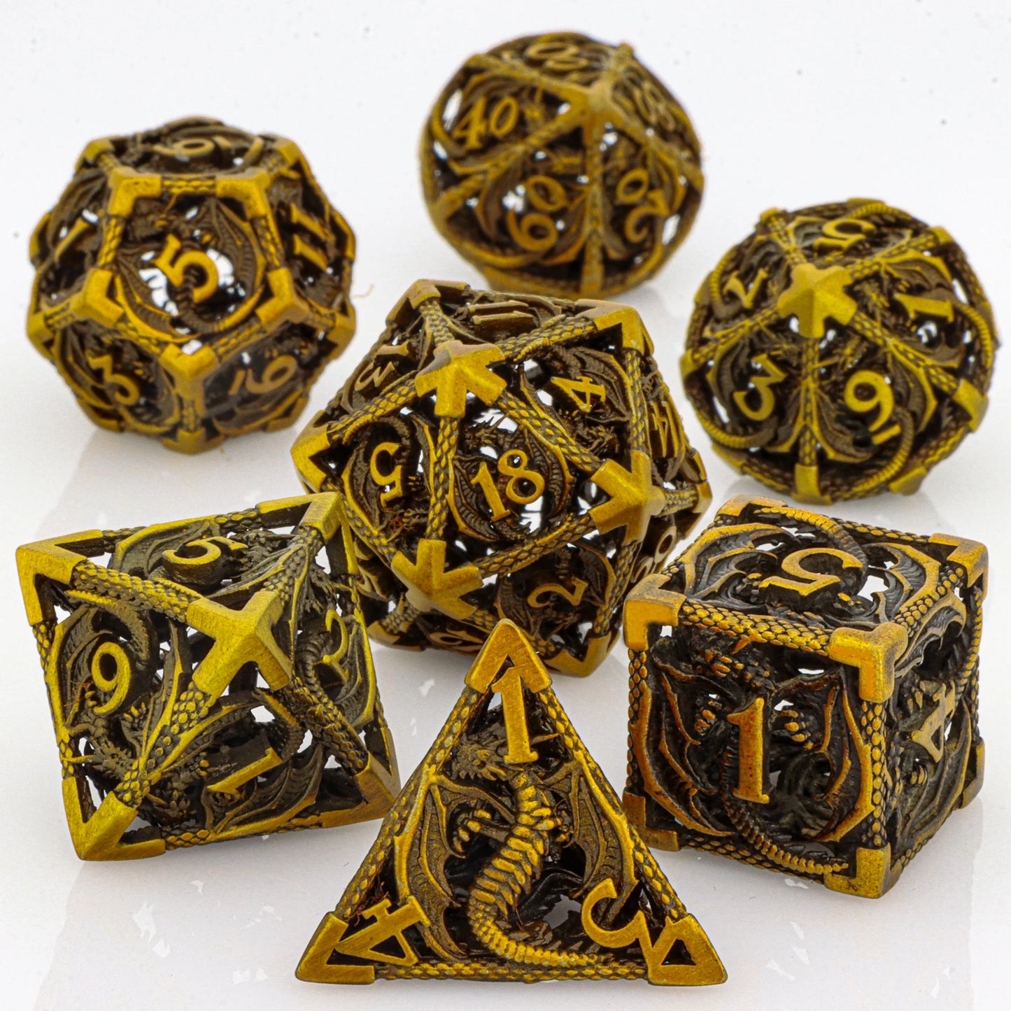 GSF Polyhedral Metal Dragon D&D Dice Set for Dungeons and Dragons Hollow Metal Dice
