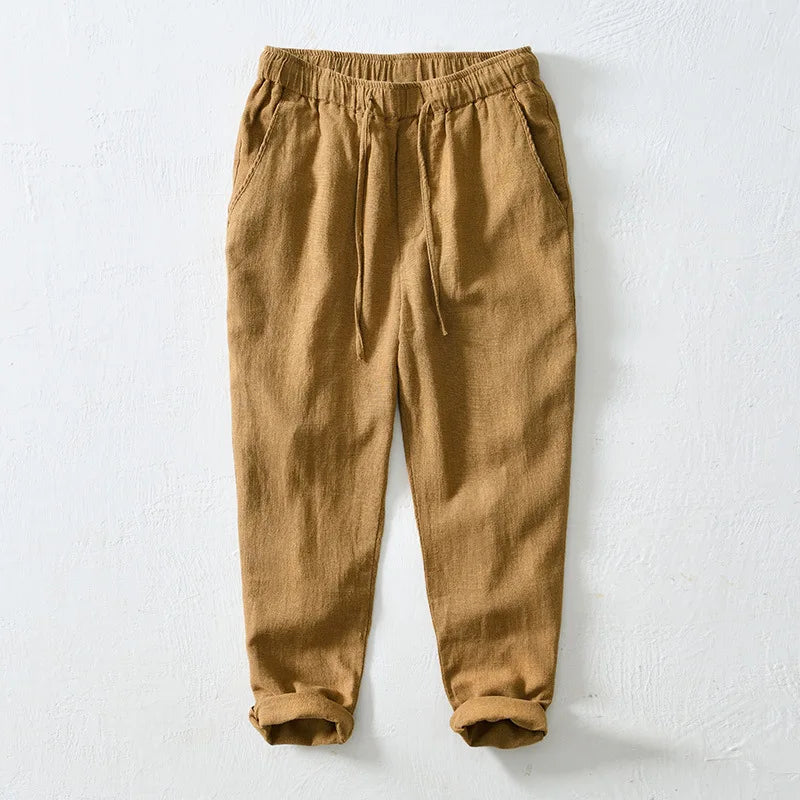 Summer New Casual Linen Ankle-length Pants for Men Clothing Simple Drawstring Thin Streetwear Oversize BL8226