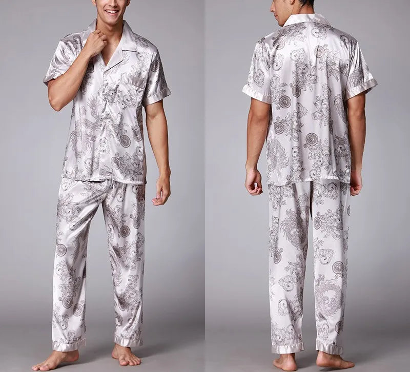 2026 Spring Summer Loungewear Short Sleeves Long Pants Pajama Set Men Printed Satin Silk Pyjamas Male Pajamas Household Clothes