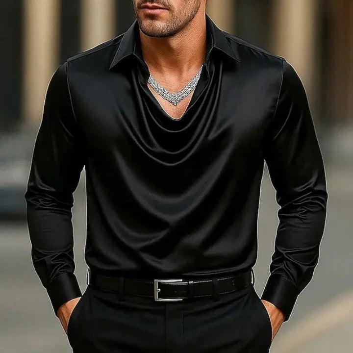 Men's Satin Silk Casual Dress Shirt Long Sleeve