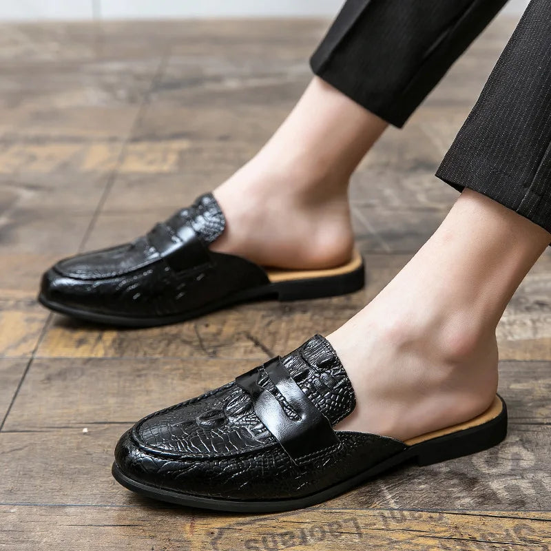 Men's Leather Mules Slippers with Metal Decoration