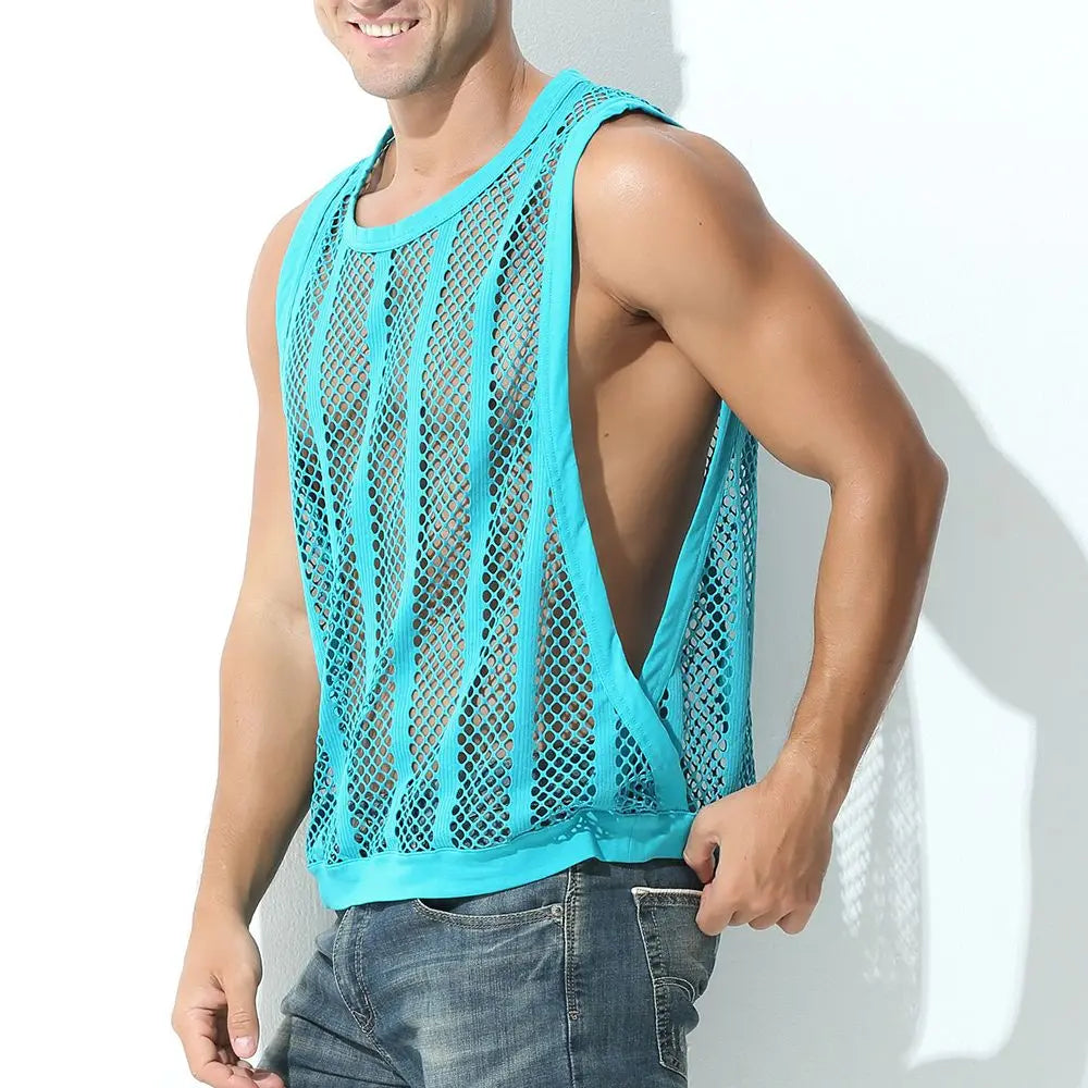 Mens Mesh Sheer Vest Bodybuilding Running Tank Tops Sexy Fishnet Fitness Sportwear Muscle Sleeveless Hollow Singlet Quick Dry