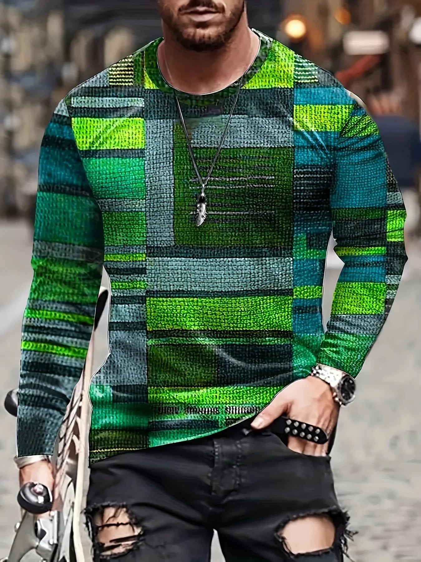 Men's Colorful Plaid Long Sleeve T-Shirt