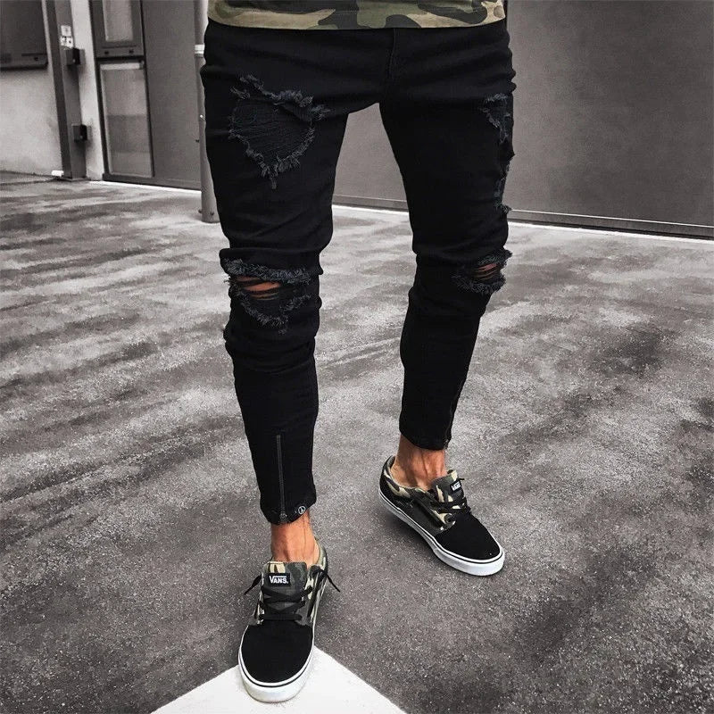 Black Ripped Stretch Jeans for Men