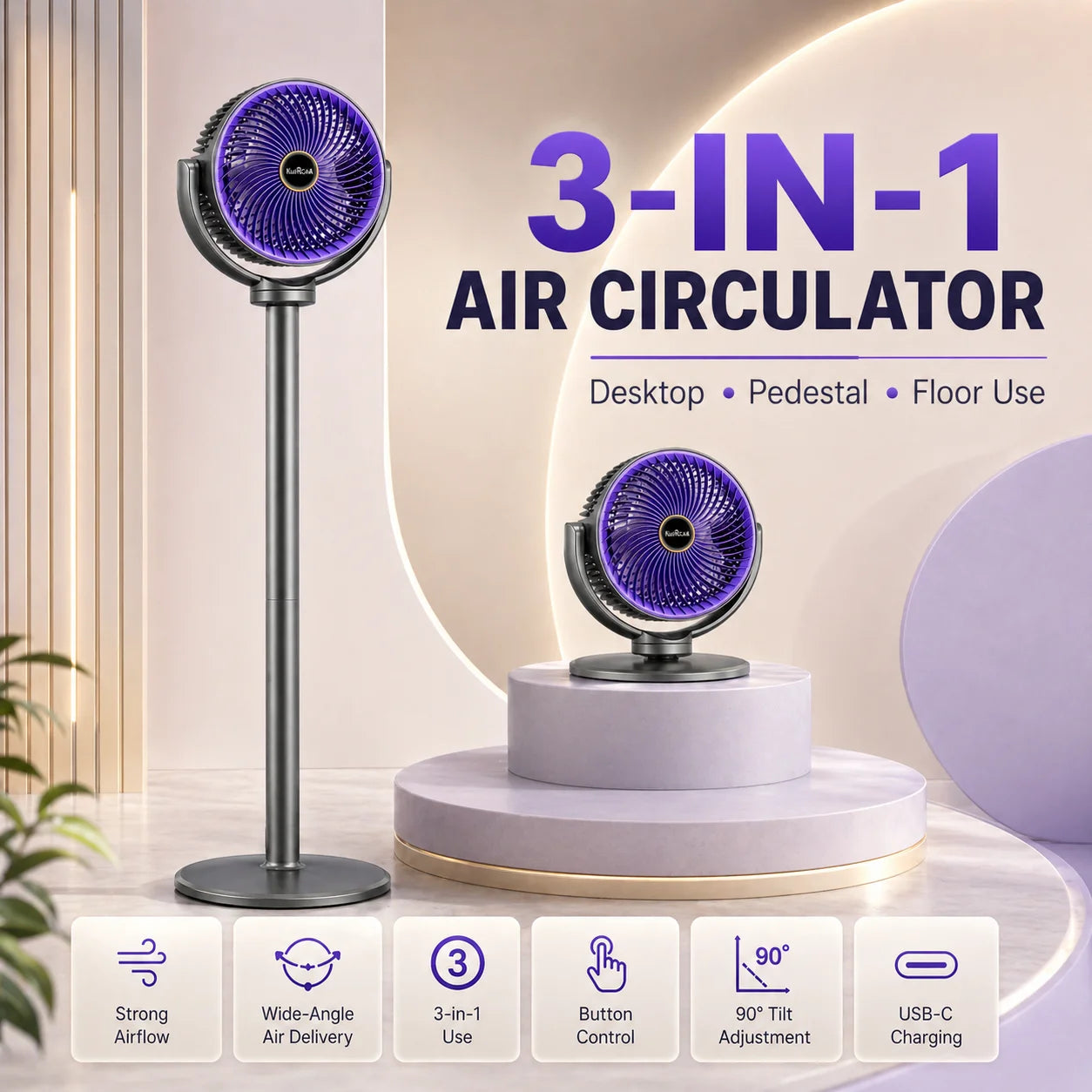 3-in-1 Air Circulator Fan 5 Speeds Portable Stand Fan