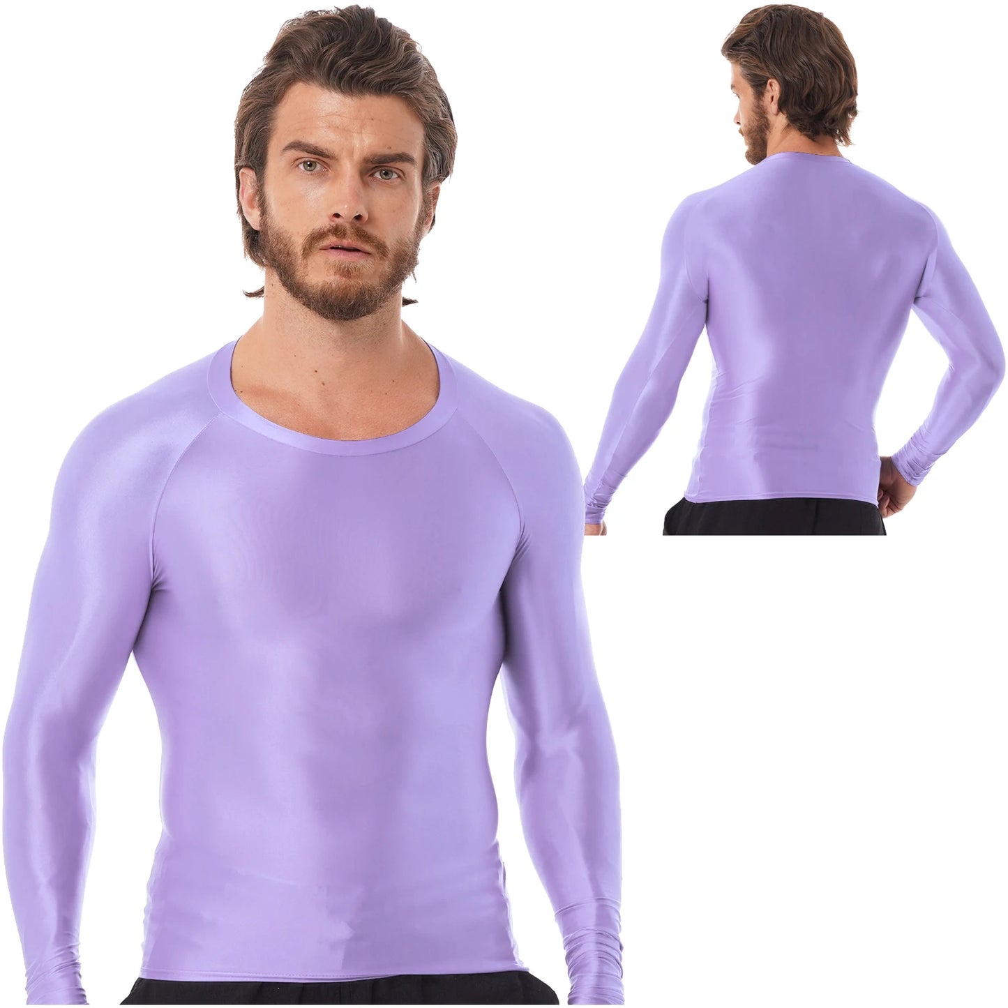 Mens Sports T-Shirts Tops Slim Fit Breathable T-Shirts Tops Glossy O Neck Long Sleeve Transparent T-shirt Running Undershirts