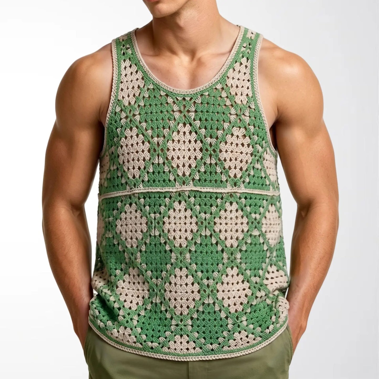 New Summer Men Sexy Mesh Tank Tops Transparent Fishnet Tops Male Vintage Knitted Sleeveless Tops Hollow Out Sports Fitness Tees