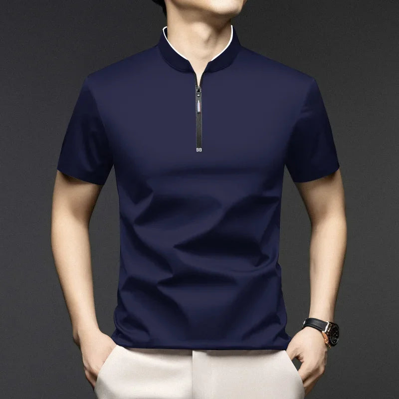 Men's Casual Zipper Polo Shirt in Solid Color