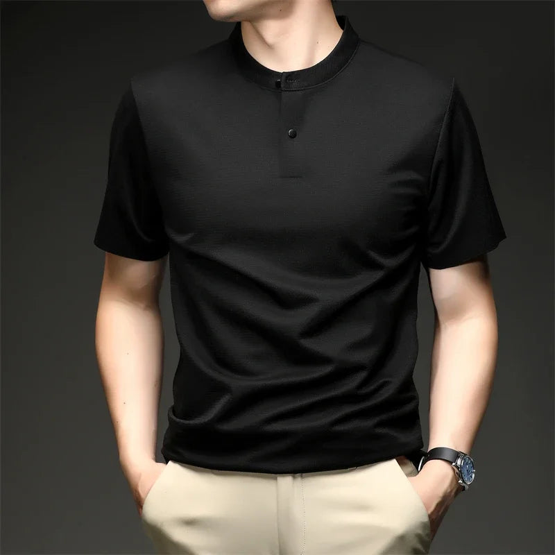 Mens Short Sleeve Mandarin Collar Polo Shirt Casual Tops With Buttons Breathable Slim Fit Waffle Knit Tees For Men Summer Style