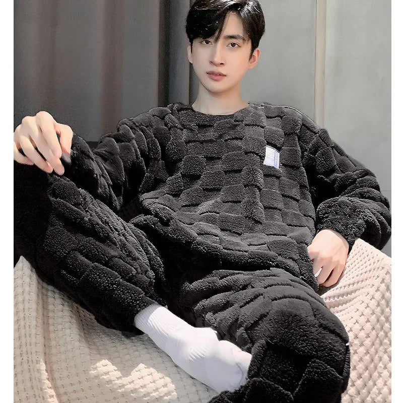 Sleepwear for Winter Men Coral Velvet Plus-Size Loungewear Two-Piece Set of Soft Flannel Long-Sleeved Pajamas Thickened Warm