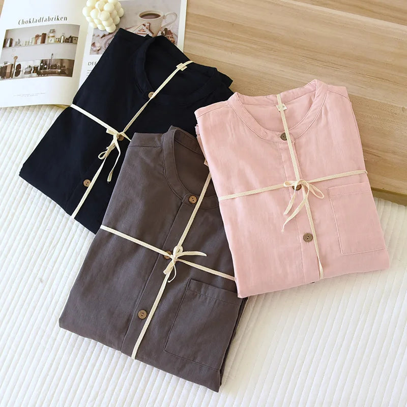New Men's Sleepwear Two-piece Set for Spring 2025 100% Cotton Crepe Fabric Vertical Long Sleeved Long Pants Home Suit Set